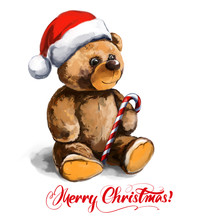 Christmas Toy Teddy Bear In Santa Hat. Festive Christmas Character, Art Illustration Painted With Watercolors Isolated On White Background