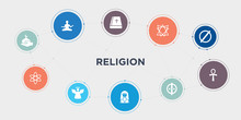 Religion 10 Points Circle Design. Abrahamic, Agnosticism, Angel, Anglican Round Concept Icons..