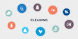 cleaning 10 points circle design. scouring pads, solvent, trash bag, sanitize round concept icons..