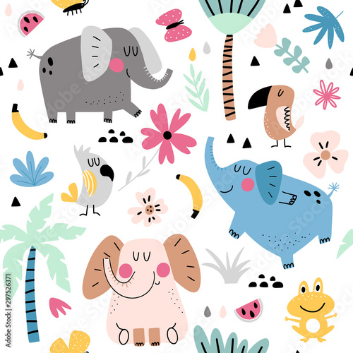 Cotton fabric Tropical animals seamless pattern