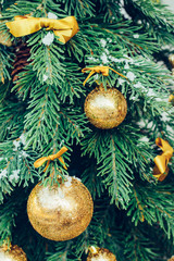 Wall Mural - Green fir tree with golden balls. Christmas wallpaper.