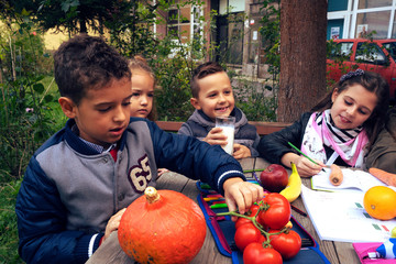 Group child doing homework. - Image