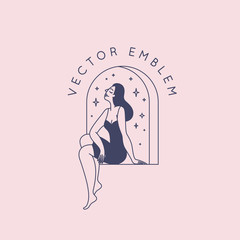 Aufkleber - Beautiful female figure. Vector logo design template and illustration in simple minimal linear style - body positive emblem, abstract badge for lingerie designer