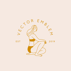 Poster - Beautiful female figure. Vector logo design template and illustration in simple minimal linear style - body positive emblem, abstract badge for lingerie designer