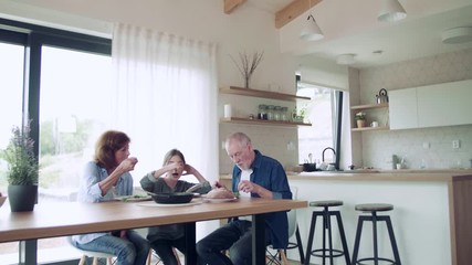 Wall Mural - A small girl with senior grandparents indoors sitting at the table, eating.