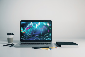 Wall Mural - Laptop closeup with forex graph on computer screen. Financial trading and education concept. 3d rendering.