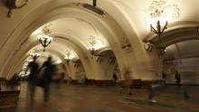 Dynamic Hyperlapse In Moscow Metro Subway Famous Soviet Architecture Lot Of People Hurry Go Fast Crowd In Different Directions Platform Candelabra Stucco Decoration. Overpopulation Metropolis. Gimbal