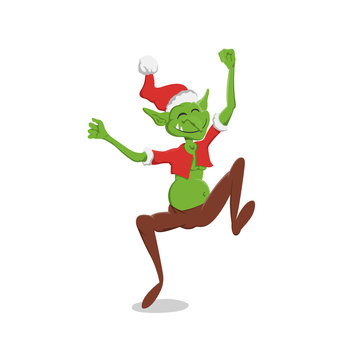 Thin goblin in christmas hat. Green troll in cartoon style. Fantasy monster in santa cotume. Jumping gremlin