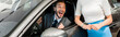 © LIGHTFIELD STUDIOS - panoramic shot of woman standing near excited bearded man in car