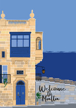 Traditional Maltese Valletta House Made Of Sandy Stone With A Sea On The Background.