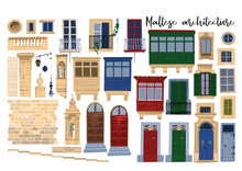 Vector Collection Of Traditional Maltese Architectural Elements With Various Decorations And Colors