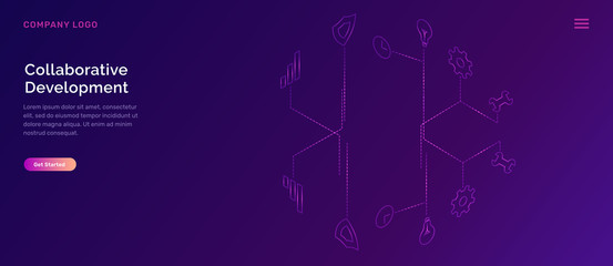 Poster - Collaborative development, isometric business concept vector. Holographic interface icons shield, clock, light bulb, gear and wrench with connections on ultraviolet background