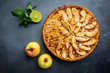 © petrrgoskov - Homemade delicious fresh baked rustic apple pie on dark background, top view