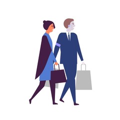 Aufkleber - Woman and robotized assistant with shopping bags flat vector illustration. Robots in daily human life. AI helper, humanoid in suit. Cyborg helping businesswoman cartoon characters isolated on white.