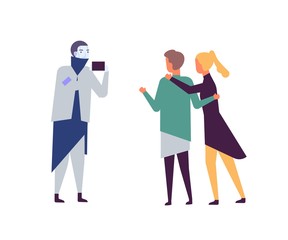 Aufkleber - Robot taking photo of couple flat vector illustration. Artificial intelligence in daily life. AI friend photographing. Robotized assistant, cyborg and people cartoon characters isolated on white.