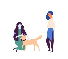 Poster - Robotized assistant walking dog flat vector illustration
