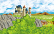 cartoon scene with kingdom castle and mountains valley near the forest and farm village illustration for children