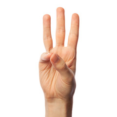 Wall Mural - Finger spelling number 6 in American Sign Language on white background. ASL concept