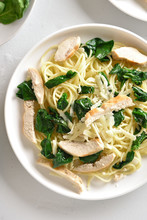 Spaghetti With Spinach Leaves, Grilled Chicken Breast And Cheese