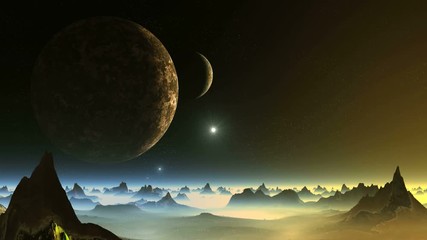 Wall Mural - Two Moon and UFO . Over the mountains in a dark starry sky two large planets. Bright blue objects (UFO) appear from the depths of space and quickly fly through the sky. Mountain shrouded in mist.