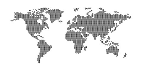 flat pixel dots world map with atlantic ocean in the design of points dots of hexagons. planet earth
