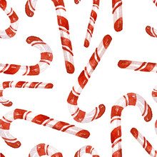 Watercolor Pattern Of Сhristmas Candy Cane. Hand-drawn Christmas Pattern Isolated On The White Background