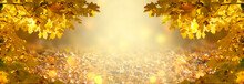 Decorative Autumn Banner Decorated With Branches With Fall Golden Yellow Maple Leaves On Background Of Orange Autumnal Foliage And Shiny Glowing Bokeh, Place For Your Text, Indian Summer.