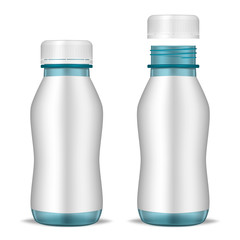 Closed and open blue bottle with screw cap and blank label, realistic mockup illustration. Liquid food product packaging container, vector mock-up