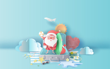 Summer Christmas season with suitcase concept.Santa Claus smile wearing beach suit travel swimming decoration.Holiday and vacation for Equipment playing relax.Graphic Paper cut and craft style.vector