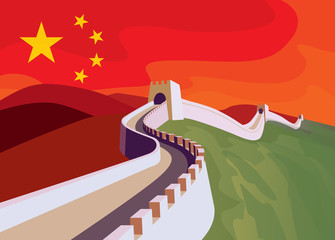 The great Wall of China with chinese flag in the sky. China politics illustration concept.