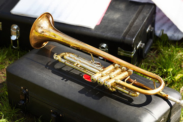 A closeup of a golden musical trumpet