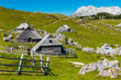 Big Pasture Plateau or Velika Planina in Slovenia. traditional Wooden Shepherd Shelters in Mountains