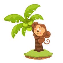Illustration Of Coconut Palm Tree And Monkey Vector