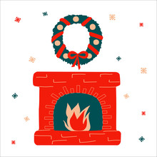 Merry Christmas Traditional Fireplace And Wreath In Scandinavian Hand Drawn Style. Vector Happy New Year Illustration, Simple Bright Objects, Square Format. Suitable For A Greeting Card Or Banner.