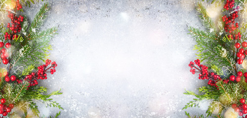 Wall Mural - christmas or winter background with a border of green and frosted evergreen branches and red berries