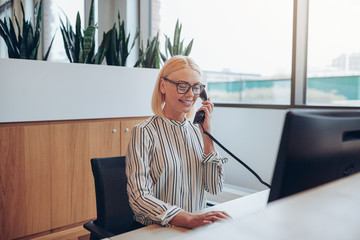 Wall Mural - Smiling businesswoman talking to a client over the telephone