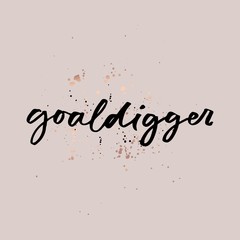 Wall Mural - Goaldigger inspirational quote with brush lettering vector illustration. Poster decorated by golden sparkles and handwritten word. Shiny card with positive word
