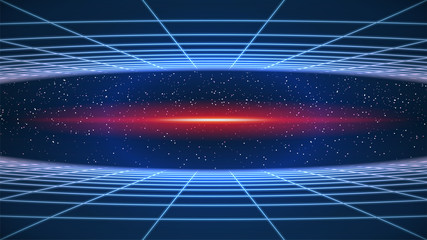 Wall Mural - synthwave background. 80s retro style. dark futuristic 3d backdrop with blue curved perspective grid