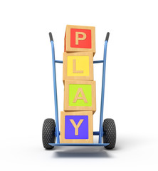 Poster - 3d rendering of colorful alphabet toy blocks showing 'PLAY' sign on a hand truck
