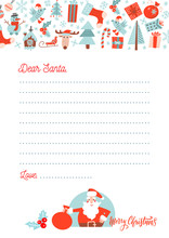 A4 Christmas Letter To Santa Claus Template. Decorated Paper Sheet With Santa Character Illustration And Hand Drawn Pattern With Xmas Decor.