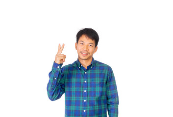 An Asian untidy man in blue plaid shirt is showing number two symbol by his fingers.