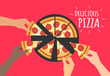 © tarikdiz - human hands take a pepperoni pizza slices vector illustration