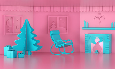 Aufkleber - Blue New Year Christmas Tree in Home Living Room with Fire Place and Chair in Duotone Style. 3d Rendering