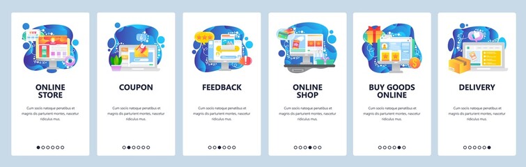 Wall Mural - Mobile app onboarding screens. Online shopping and delivery, feedback and products review, coupon discount. Vector banner template for website and mobile development. Web site design flat illustration