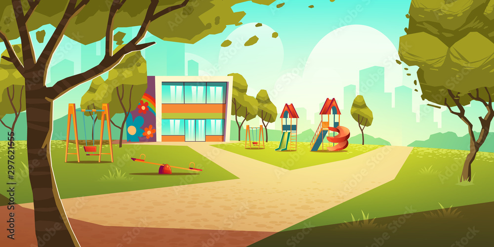 Kindergarten kids playground, empty area for children with nursery school colorful building, green grass, slides and swings for playing and recreation fun at summer time Cartoon vector illustration - obrazy, fototapety, plakaty 