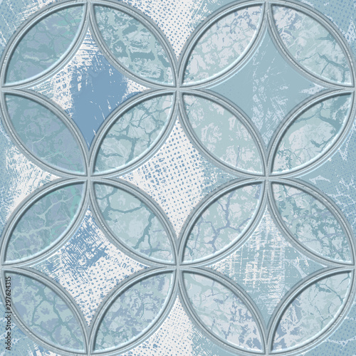 Plakat na zamówienie Carving circle pattern on grunge background seamless texture, patchwork pattern, blue color, 3d illustration