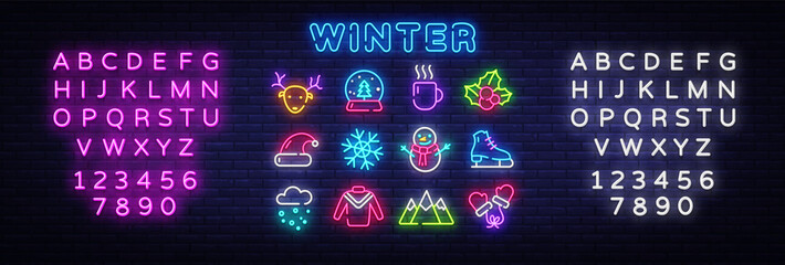 Winter neon icons set. Christmas neon signs design template. Bright signboard, light banner, Isolated icon. Vector Illustration. Editing text neon sign