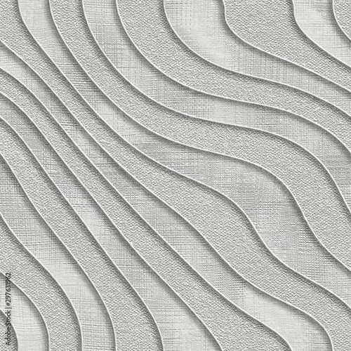 Obraz w ramie Carving waves pattern on background seamless texture, patchwork pattern, gray color, plaster texture, 3d illustration