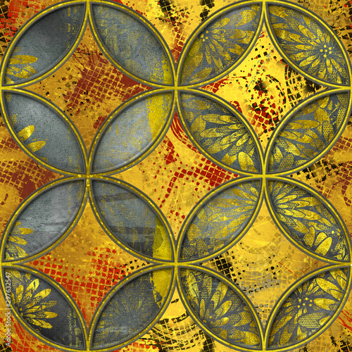 Plakat na zamówienie Carving circle pattern on grunge background seamless texture, patchwork pattern, gold color, 3d illustration