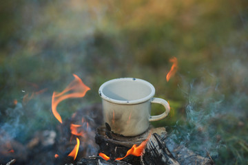 Delicious food in the forest in a pan. Dinner in the woods in the fresh air. Camping, camping. Food at the stake - barbecue grilled sausages. Bread with milk in the meadow. Tasty Camping Lunch